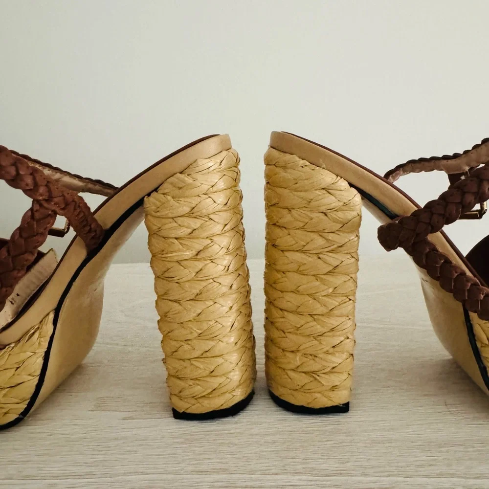 Valencia Brown Leather Platform Sandals with Gold Emblem